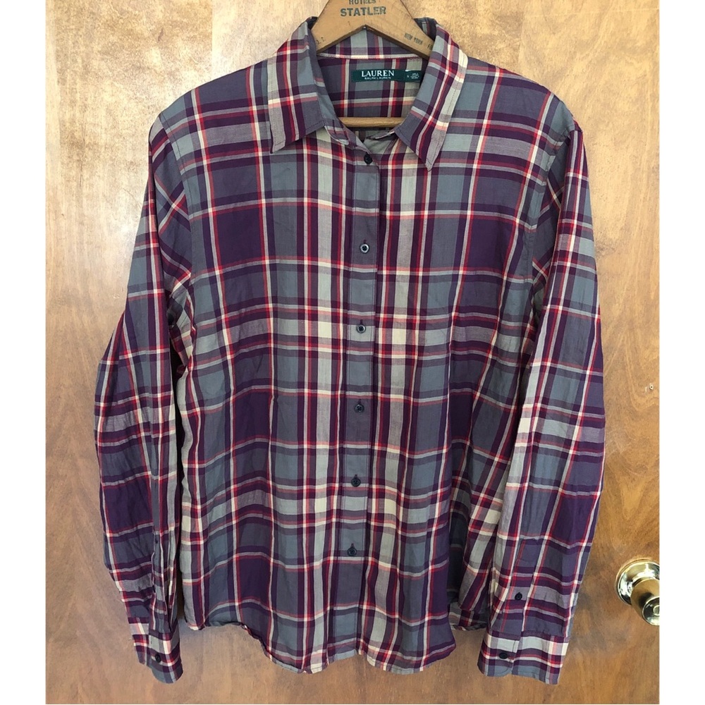 Lauren Ralph Lauren Purple Plaid Button Down Shirt Oversized Boxy Work Boho XL